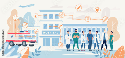 Professional Hospital Medical Staff Presentation Landing Page Vector Doctors Nurses Meeting Waiting Patients Standing front of Clinic Building Ambulance Car Illustration Medicine Healthcare Promotion