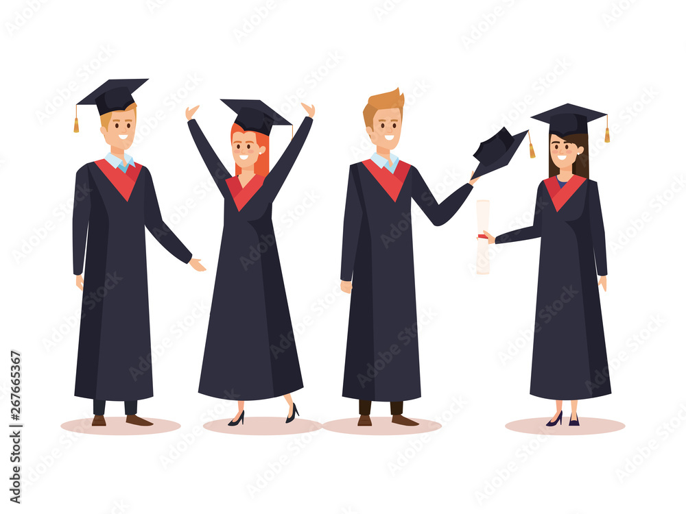 set of happy women and men graduation with rope set of happy women and men graduation with rope