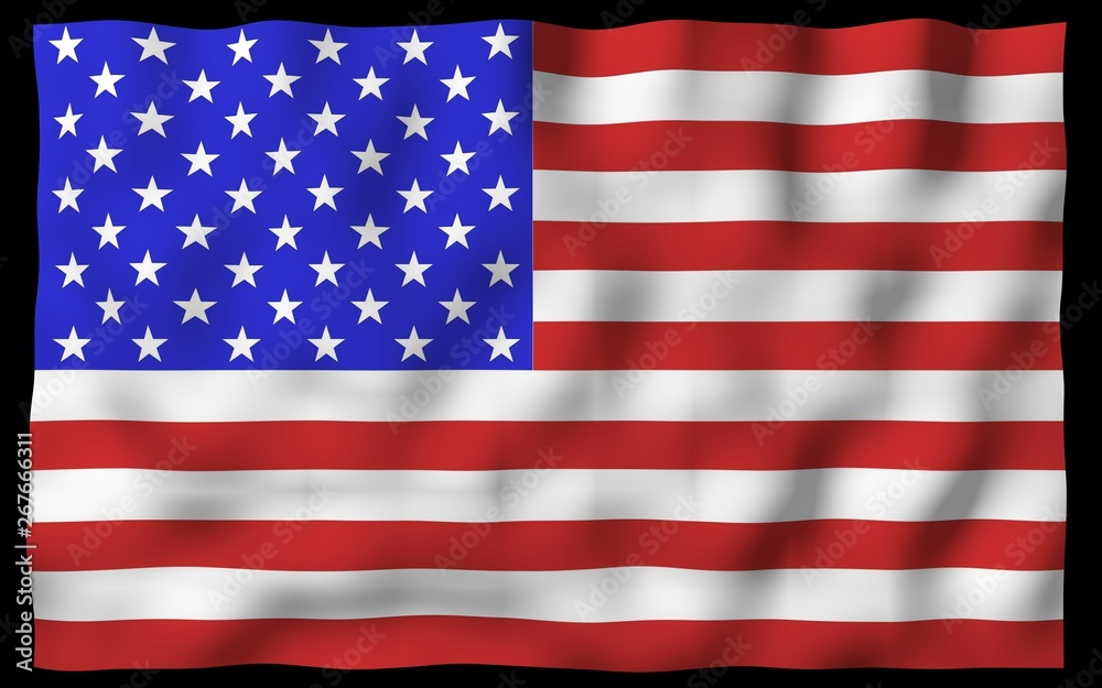Naklejka premium Waving flag of the United States of America on a dark background. Stars and Stripes. State symbol of the USA. 3D illustration