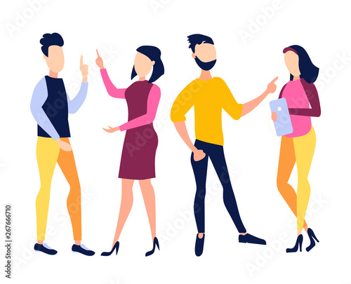 The concept of collaboration. Businessmen and managers discuss Finance and marketing  social networks  news  chat. Vector illustration  flat style for websites  Internet
