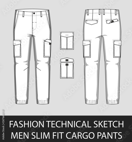 Fashion technical sketch men slim fit cargo pants