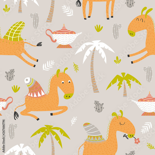 Seamless pattern with funny camels