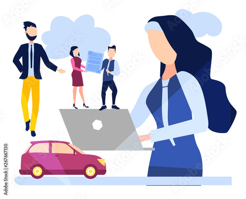 Automobile insurance. The insurance agent draws up the insurance contract. Protection of the car from an accident. Car safety. Vector illustration