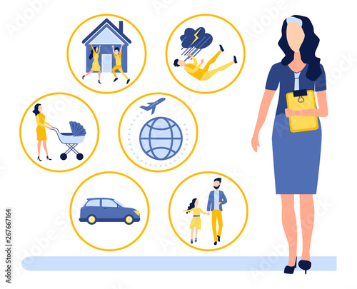 Insurance of human life, health, real estate, personal property, accident insurance during the trip. Insurance agent and insurance services. Vector illustration