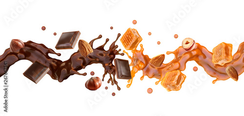 Liquid dark chocolate, sweet caramel sauce swirls splashes twisted, toffees, almonds and hazelnuts. Сombination of caramel, toffees, chocolate and hazelnuts almonds flavors. Label design element. 3D