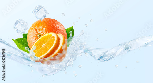 Fresh cold pure flavored water with orange wave splash. Clean orange fruit infused water or liquid fluid wave splash. Healthy flavored detox drink swirl concept with orange slice. 3D © Corona Borealis