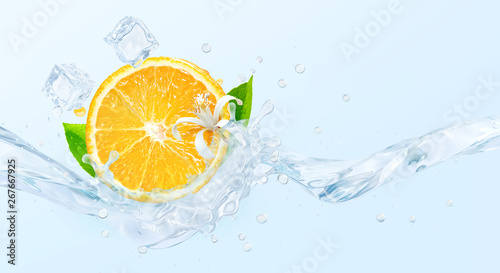 Fresh cold pure flavored water with orange wave splash. Clean orange fruit infused water or liquid fluid wave splash. Healthy flavored detox drink swirl concept with orange slice. 3D