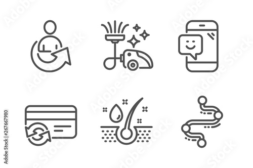 Smile, Serum oil and Share icons simple set. Change card, Vacuum cleaner and Timeline signs. Phone feedback, Healthy hairs. Business set. Line smile icon. Editable stroke. Vector