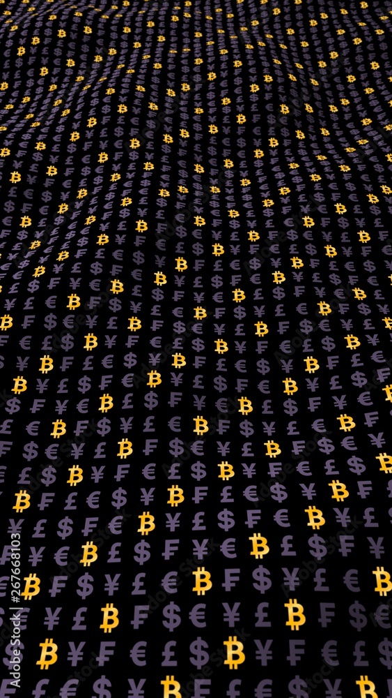Fototapeta premium Bitcoin and currency on a dark background. Digital crypto currency symbol. Wave effect, currency market fluctuations. Business concept. 3D illustration