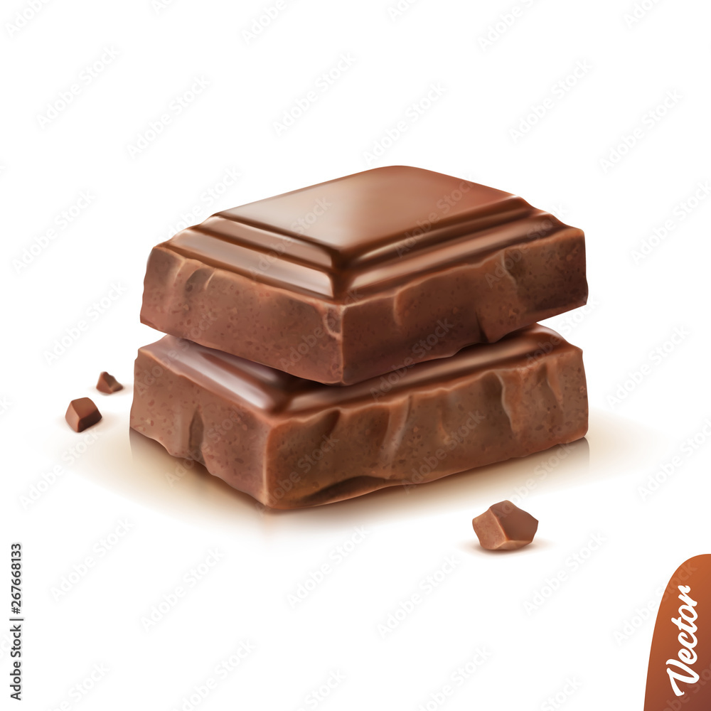 3d realistic isolated vector icon, two pieces of milk or dark chocolate with crumbs 3d realistic isolated vector icon, two pieces of milk or dark chocolate with crumbs