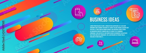 Header banner. Mail letter, Teamwork results and Ab testing icons simple set. Hold smartphone, Tractor and Laptop signs. Read e-mail, Group work. Business set. Line mail letter icon. Gradient elements