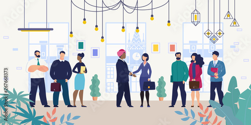 Business Meeting for Negotiations with Foreign Partner or Investor Flat Vector Concept with Businesswoman, Company Female Leader Shaking Hands with Indian Businessman in Dastaar or Turban Illustration