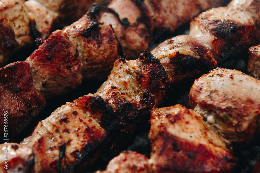 Closeup of some meat skewers being grilled in a barbecue Closeup of some meat skewers being grilled in a barbecue