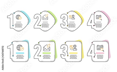 Open mail, Repairman and World statistics icons simple set. Search calendar sign. View e-mail, Repair service, Global report. Find date. Business set. Infographic timeline. Line open mail icon