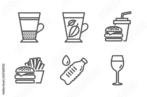 Double latte, Mint leaves and Hamburger icons simple set. Water bottle, Burger and Wine glass signs. Tea cup, Mentha leaf. Food and drink set. Line double latte icon. Editable stroke. Vector