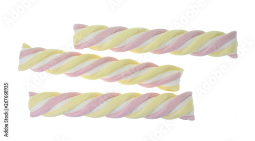 Colorful marshmallows candy isolated on white background. Close-up image of fluffy colored marshmallow isolated over white.