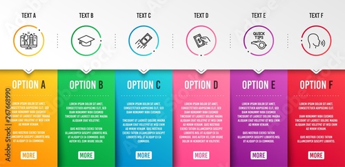 Tutorials, Graduation cap and Fast payment icons simple set. Creative design, Pay money and Human sing signs. Quick tips, University. Education set. Infographic template. 6 steps timeline. Vector