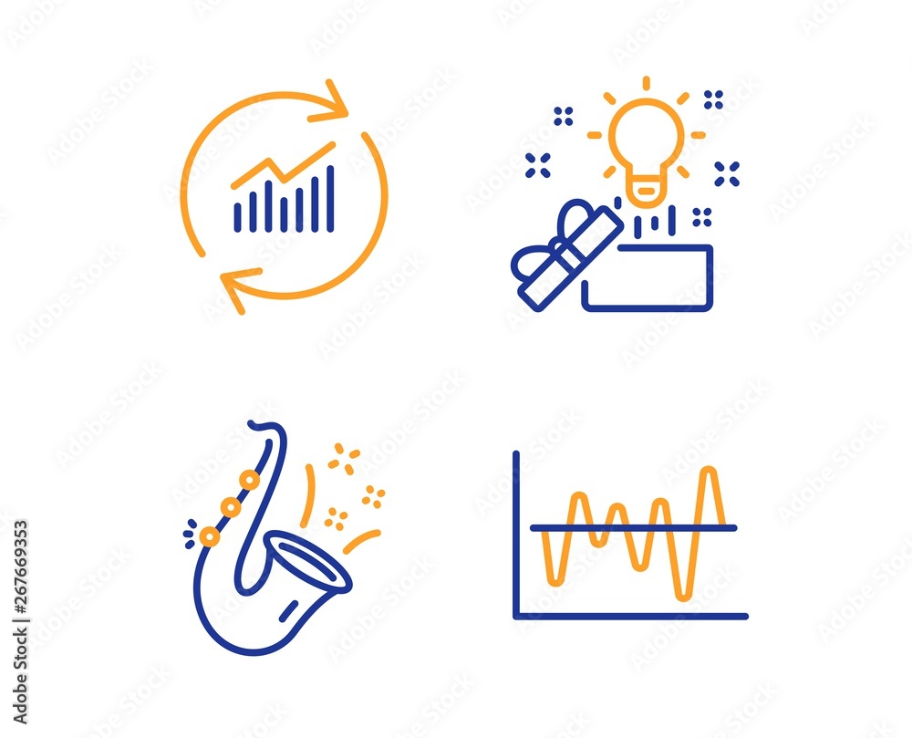 Creative idea, Update data and Jazz icons simple set. Stock analysis sign. Present box, Sales statistics, Saxophone. Business trade. Education set. Linear creative idea icon. Colorful design set