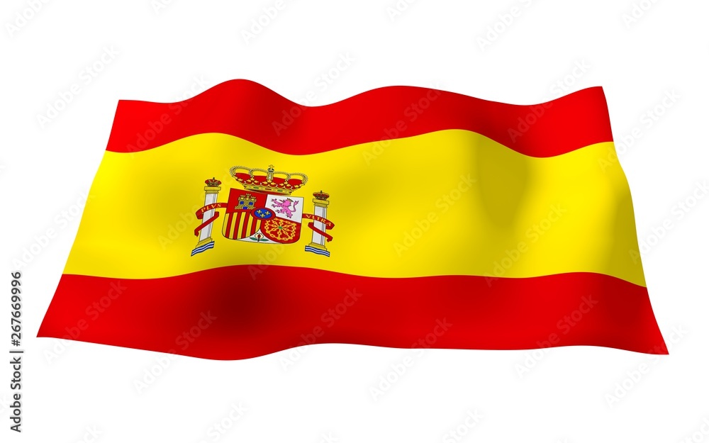 The flag of Spain. Official state symbol of the Kingdom of Spain. Concept: web, sports pages, language courses, travelling, design elements. 3d illustration The flag of Spain. Official state symbol of the Kingdom of Spain. Concept: web, sports pages, language courses, travelling, design elements. 3d illustration