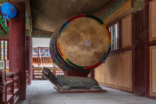 Detail view on a traditional drum, barrel in the Korean Buddhist Bulguksa Temple. Located in Gyeongju, South Korea, Asia.