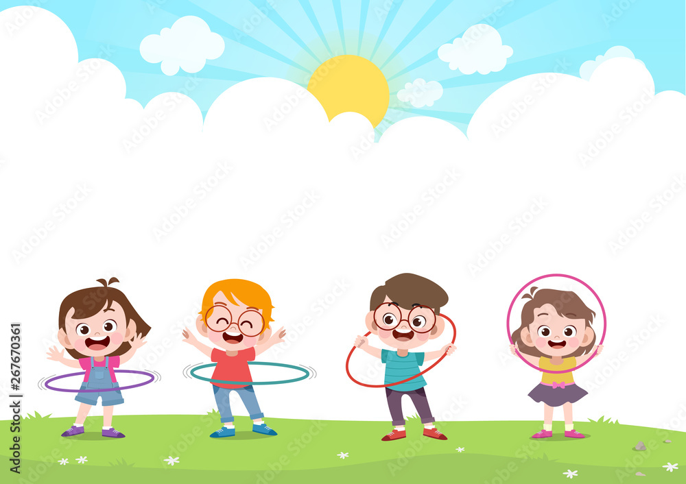 happy kids playing hulahoop vector illustration