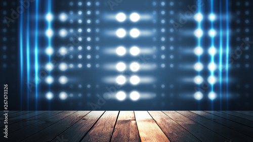 Background of empty dark scene with wooden old floor. Neon light smoke. Dark abstract background