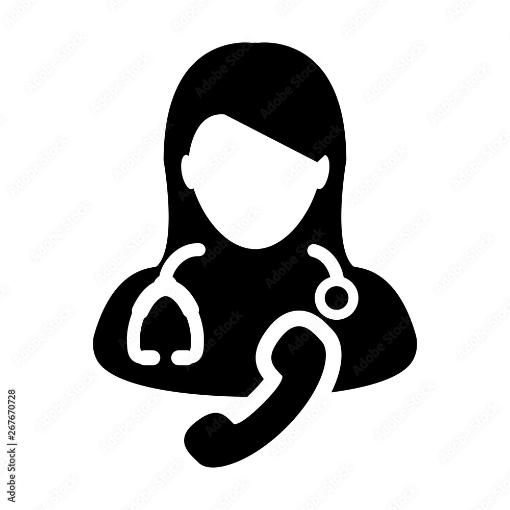 Medical consultation icon vector female doctor symbol with stethoscope and phone for medical health care consultation in glyph pictogram illustration