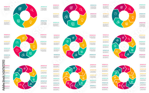 Vector geometric infographic set. Template for cycle diagram, graph or presentation. Business concept with 4, 5, 6, 7, 8, 9, 10, 11, 12 options, parts, steps or processes.