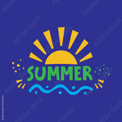 Summer and sun hand lettering word. Hand drawn vector phrase. Greeting card, banner, poster design element.