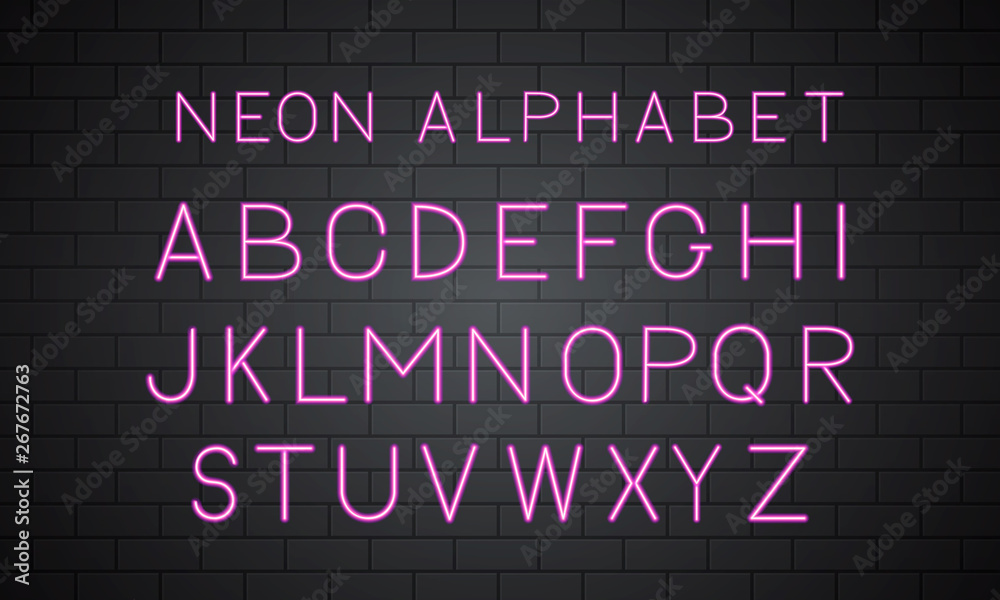 Neon hot pink vector alphabet on brick wall background. Sans serif font. Glowing latin uppercase letters. Typeface for headlines, banners, signboards, posters, etc. Easy to edit design template. Neon hot pink vector alphabet on brick wall background. Sans serif font. Glowing latin uppercase letters. Typeface for headlines, banners, signboards, posters, etc. Easy to edit design template.