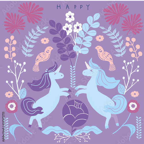 Cute magic Unicorns on a floral background.  Romantic hand drawing illustration