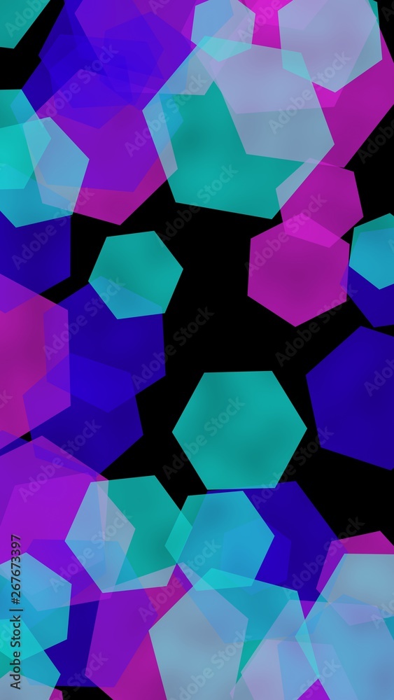 Multicolored translucent hexagons on dark background. Vertical image orientation. 3D illustration Multicolored translucent hexagons on dark background. Vertical image orientation. 3D illustration