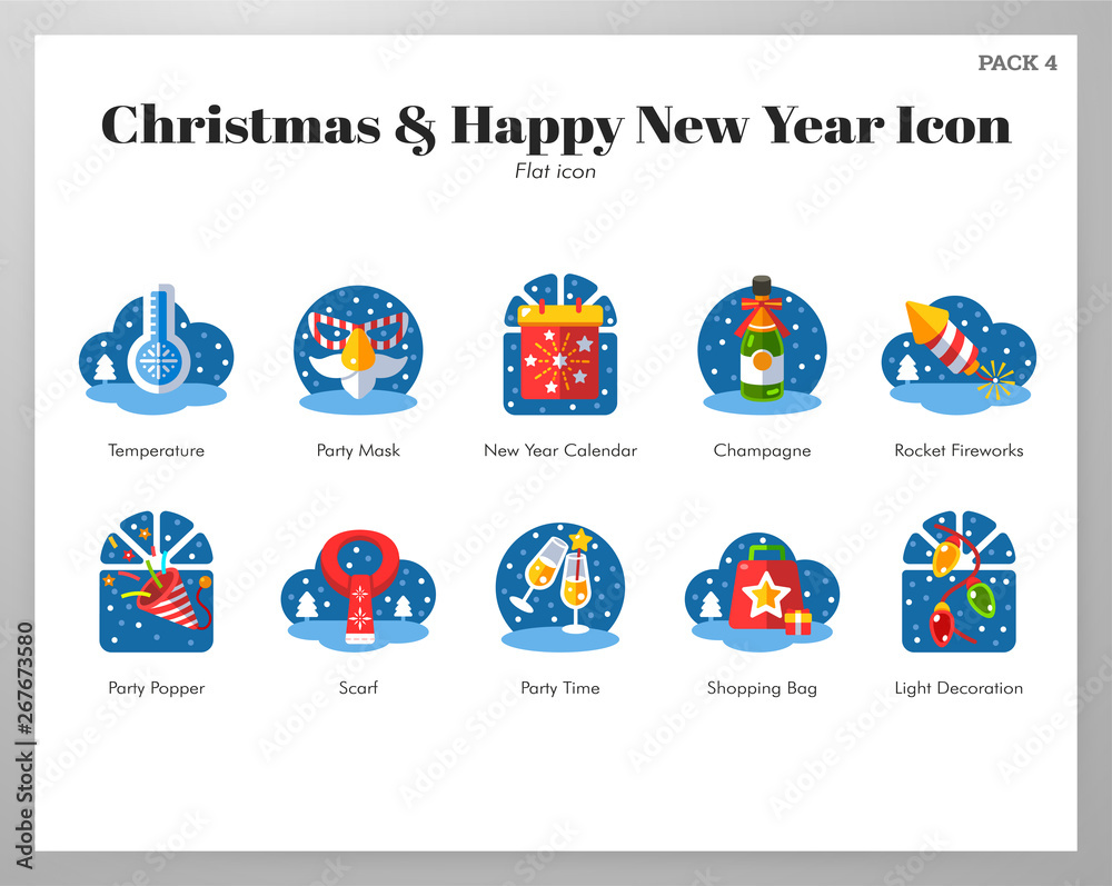 Christmas and happy new year icons flat pack