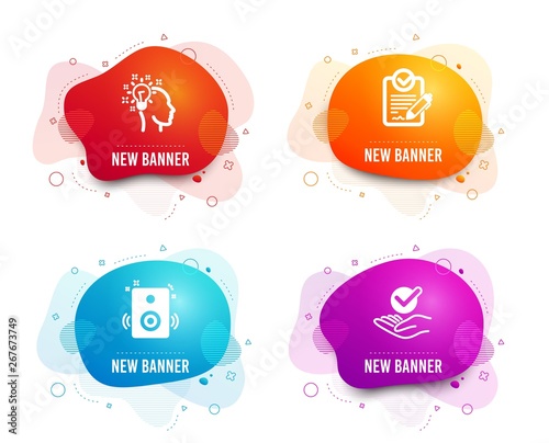 Liquid badges. Set of Rfp, Idea and Speakers icons. Approved sign. Request for proposal, Creative designer, Sound. Verified symbol.  Gradient rfp icon. Flyer fluid design. Abstract shapes. Vector