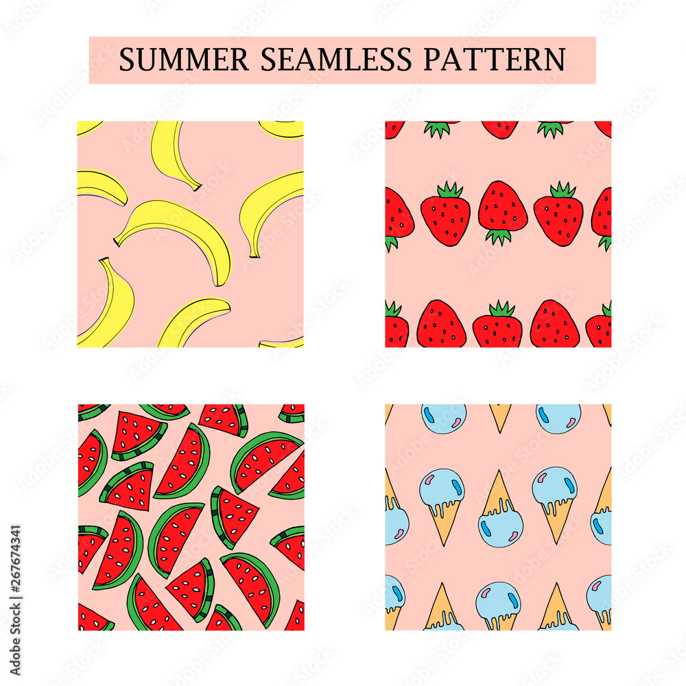 Four summer print: banana, watermelon, strawberry, ice cream. Seamless patterns with sweet food.