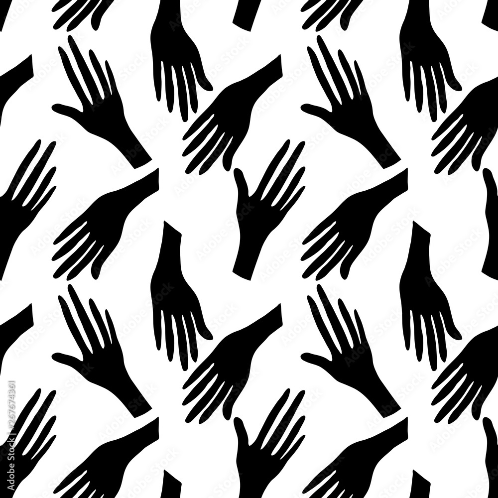 Seamless pattern with human hands. Black silhouette on white background.