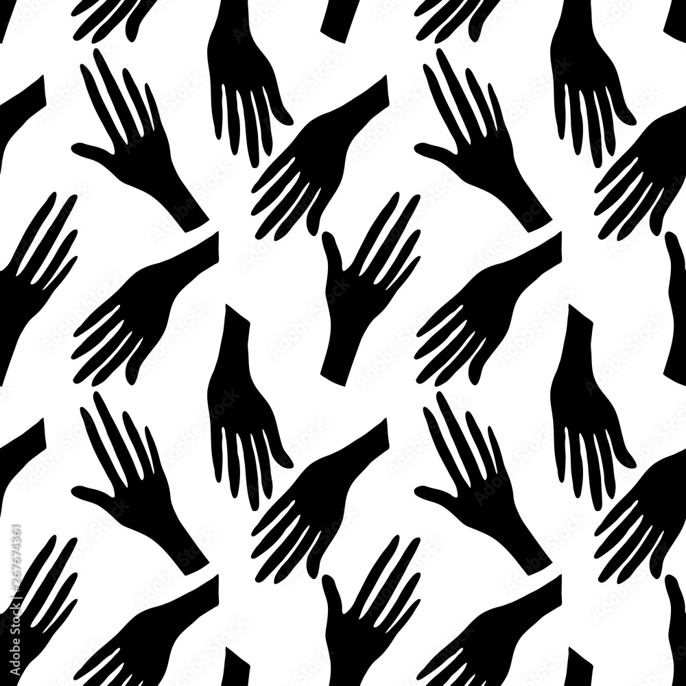 Fototapeta premium Seamless pattern with human hands. Black silhouette on white background.