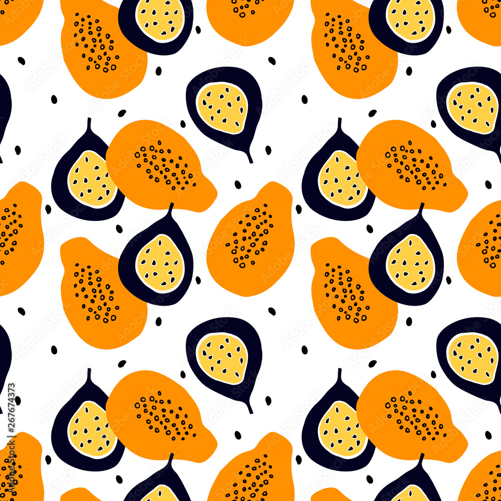Seamless pattern with papaya and passion fruits in simple flat design.Cut tropical fruit with seed. Seamless pattern with papaya and passion fruits in simple flat design.Cut tropical fruit with seed.