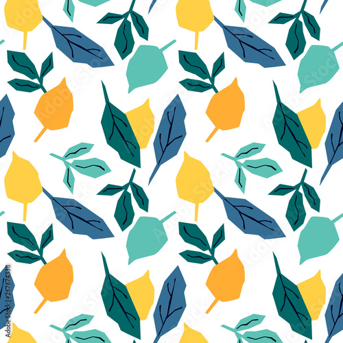 Seamless pattern with yellow, orange and blue leaves. Bright tropical background.