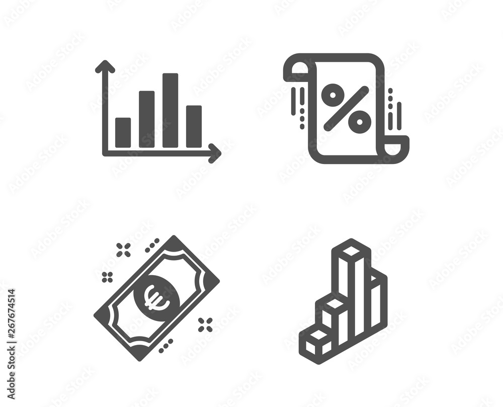 Set of Loan percent, Euro money and Diagram graph icons. 3d chart sign. Discount blueprint, Cash, Presentation chart. Presentation column. Classic design loan percent icon. Flat design. Vector Set of Loan percent, Euro money and Diagram graph icons. 3d chart sign. Discount blueprint, Cash, Presentation chart. Presentation column. Classic design loan percent icon. Flat design. Vector