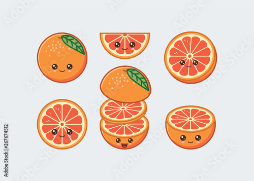 Orange fruit. Set cute kawaii food faces