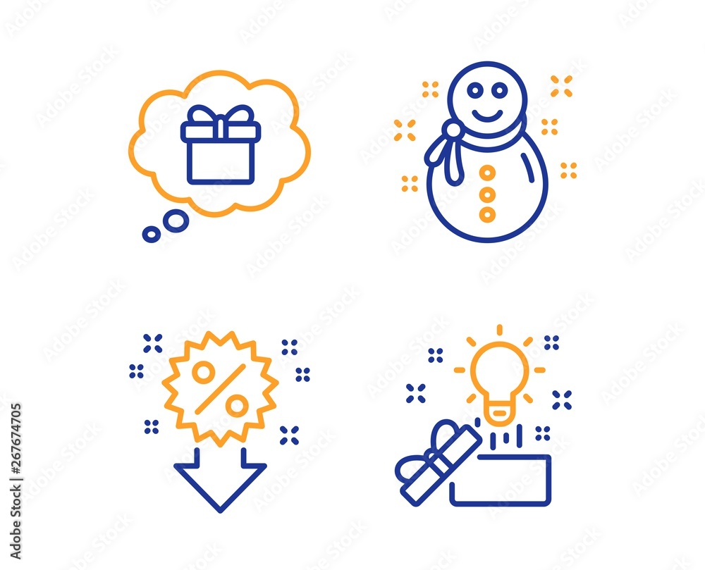 Gift dream, Discount and Snowman icons simple set. Creative idea sign. Receive a gift, Sale shopping, New year. Present box. Holidays set. Linear gift dream icon. Colorful design set. Vector Gift dream, Discount and Snowman icons simple set. Creative idea sign. Receive a gift, Sale shopping, New year. Present box. Holidays set. Linear gift dream icon. Colorful design set. Vector