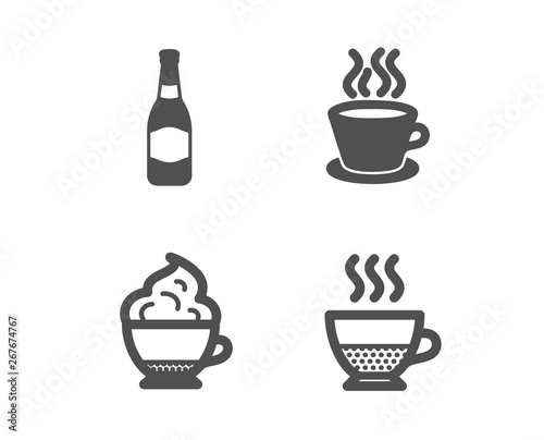 Set of Cappuccino cream, Beer bottle and Tea cup icons. Doppio sign. Coffee with whipped cream, Brewery, Coffee mug.  Classic design cappuccino cream icon. Flat design. Vector