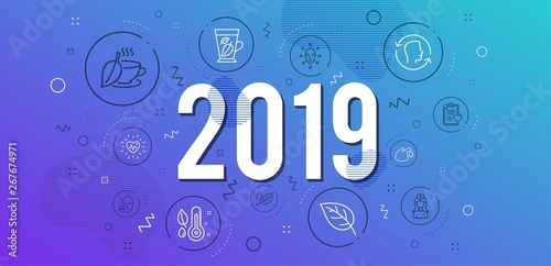 Infographic concept. Mint tea, Blood donation and Face biometrics icons simple set. Hospital nurse, Uv protection and Face id signs. Patient history, Leaf dew and Leaf symbols. 2019 year. Vector