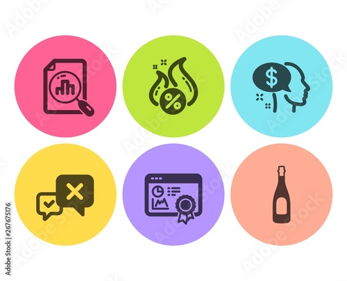 Analytics graph, Reject and Pay icons simple set. Seo certificate, Hot loan and Champagne signs. Chart report, Delete message. Business set. Flat analytics graph icon. Circle button. Vector