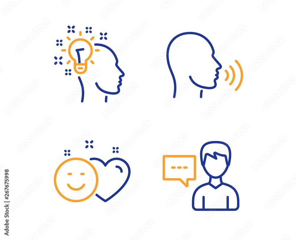 Human sing, Smile and Idea icons simple set. Person talk sign. Talk, Social media like, Creative designer. Communication message. People set. Linear human sing icon. Colorful design set. Vector Human sing, Smile and Idea icons simple set. Person talk sign. Talk, Social media like, Creative designer. Communication message. People set. Linear human sing icon. Colorful design set. Vector