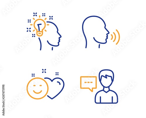 Human sing, Smile and Idea icons simple set. Person talk sign. Talk, Social media like, Creative designer. Communication message. People set. Linear human sing icon. Colorful design set. Vector