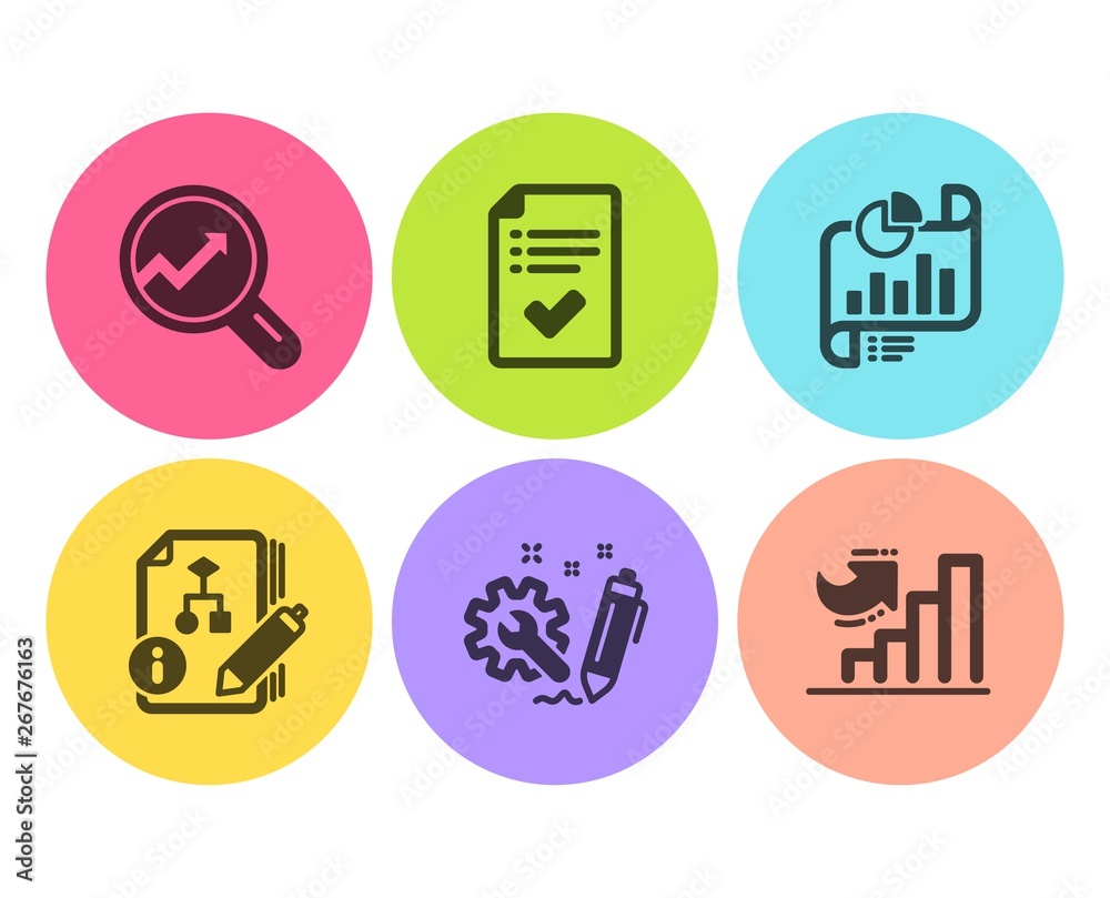 Approved checklist, Analytics and Report document icons simple set. Algorithm, Engineering and Growth chart signs. Accepted message, Audit analysis. Education set. Flat approved checklist icon