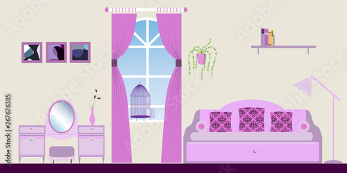 Children's Room Interior for Girl - Cozy Atmosphere of Shabby Chic - Vector Illustration in Pink Tones