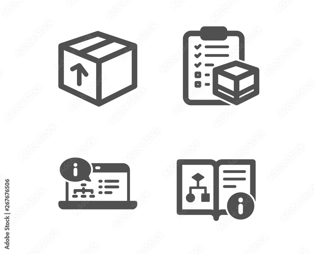 Set of Package, Online documentation and Parcel checklist icons. Technical algorithm sign. Delivery pack, Web engineering, Logistics check. Project doc. Classic design package icon. Flat design Set of Package, Online documentation and Parcel checklist icons. Technical algorithm sign. Delivery pack, Web engineering, Logistics check. Project doc. Classic design package icon. Flat design